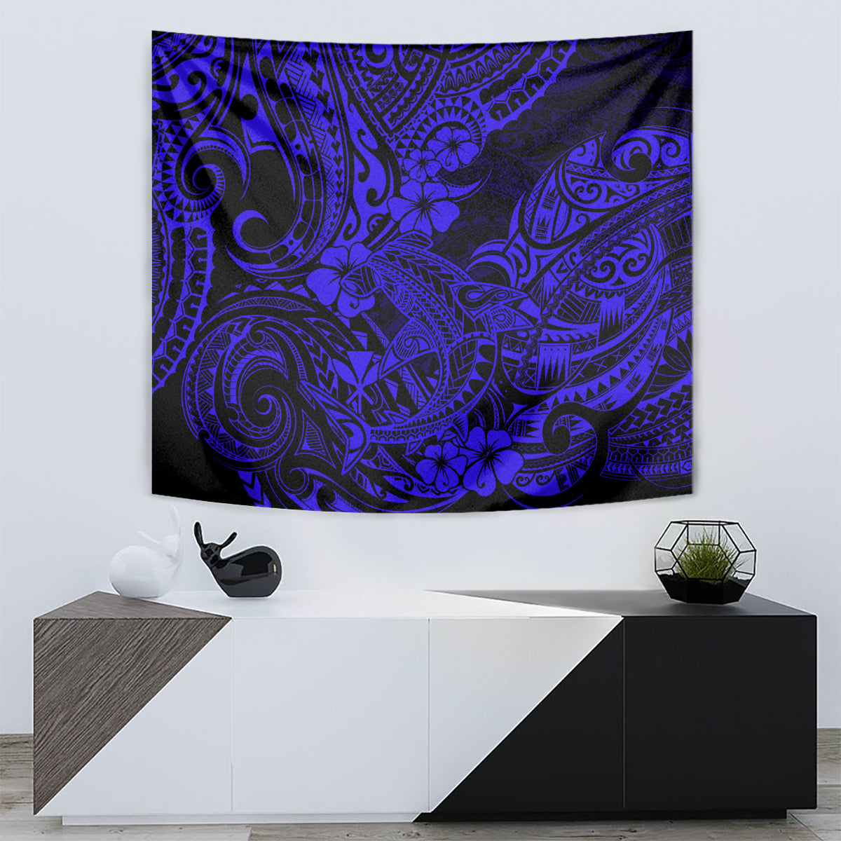 Navy blue Polynesian pattern tapestry featuring shark motif and floral accents