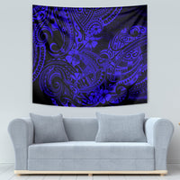 Navy blue Hawaiian shark tapestry with Polynesian geometric swirl and flower designs