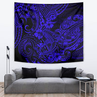 Navy blue Hawaiian shark tapestry with ornate Polynesian tribal patterns and flowers