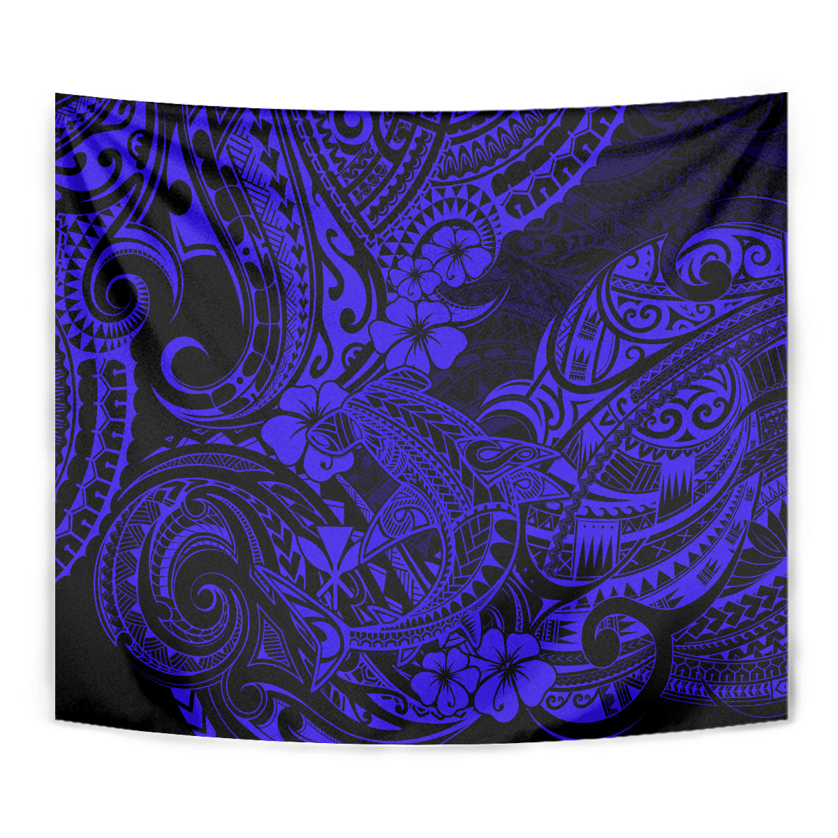 Navy blue Hawaiian shark tapestry close-up with Polynesian swirl and floral motifs
