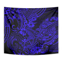 Navy blue Hawaiian shark tapestry close-up with Polynesian swirl and floral motifs