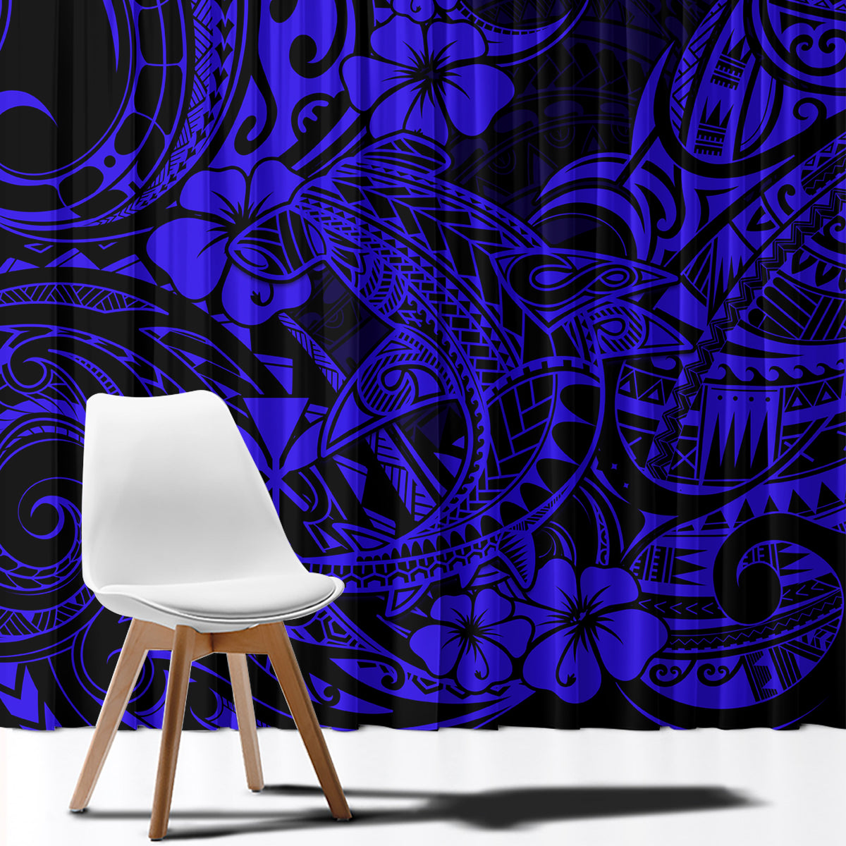 Navy blue Polynesian shark print curtain fabric with dense tribal swirl and flower motifs