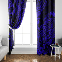 Pair of navy blue Polynesian shark print window curtains with gathered top side drapes