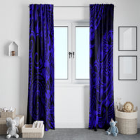 Two navy blue Polynesian shark print curtains framing a doorway opening