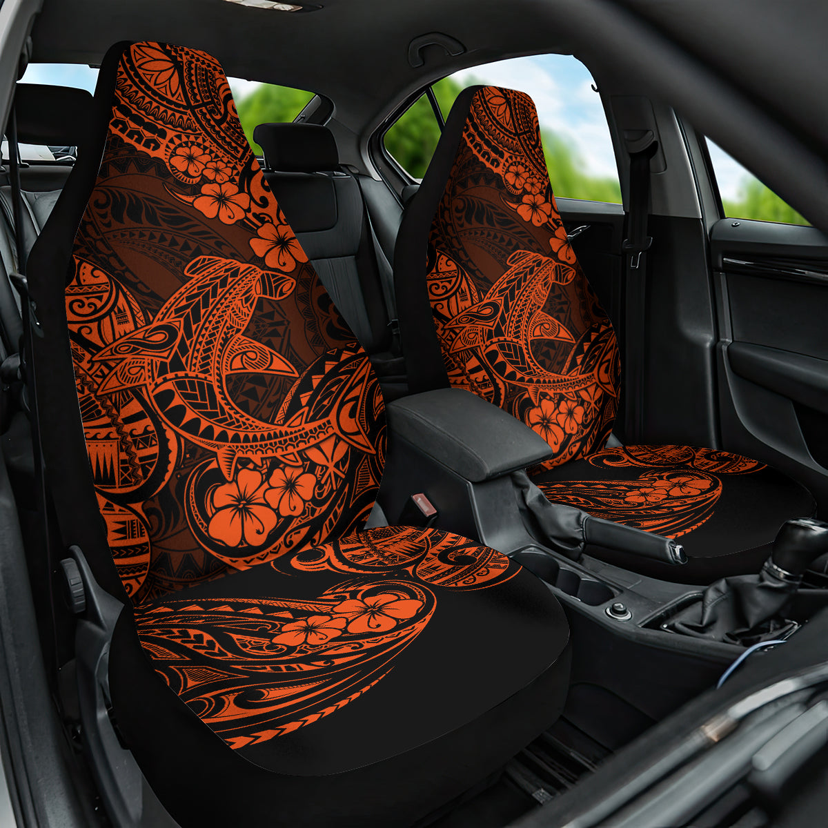 hawaii-shark-car-seat-cover-polynesian-pattern-orange-version