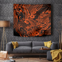 Orange and black Polynesian shark motif tapestry with swirling tribal pattern