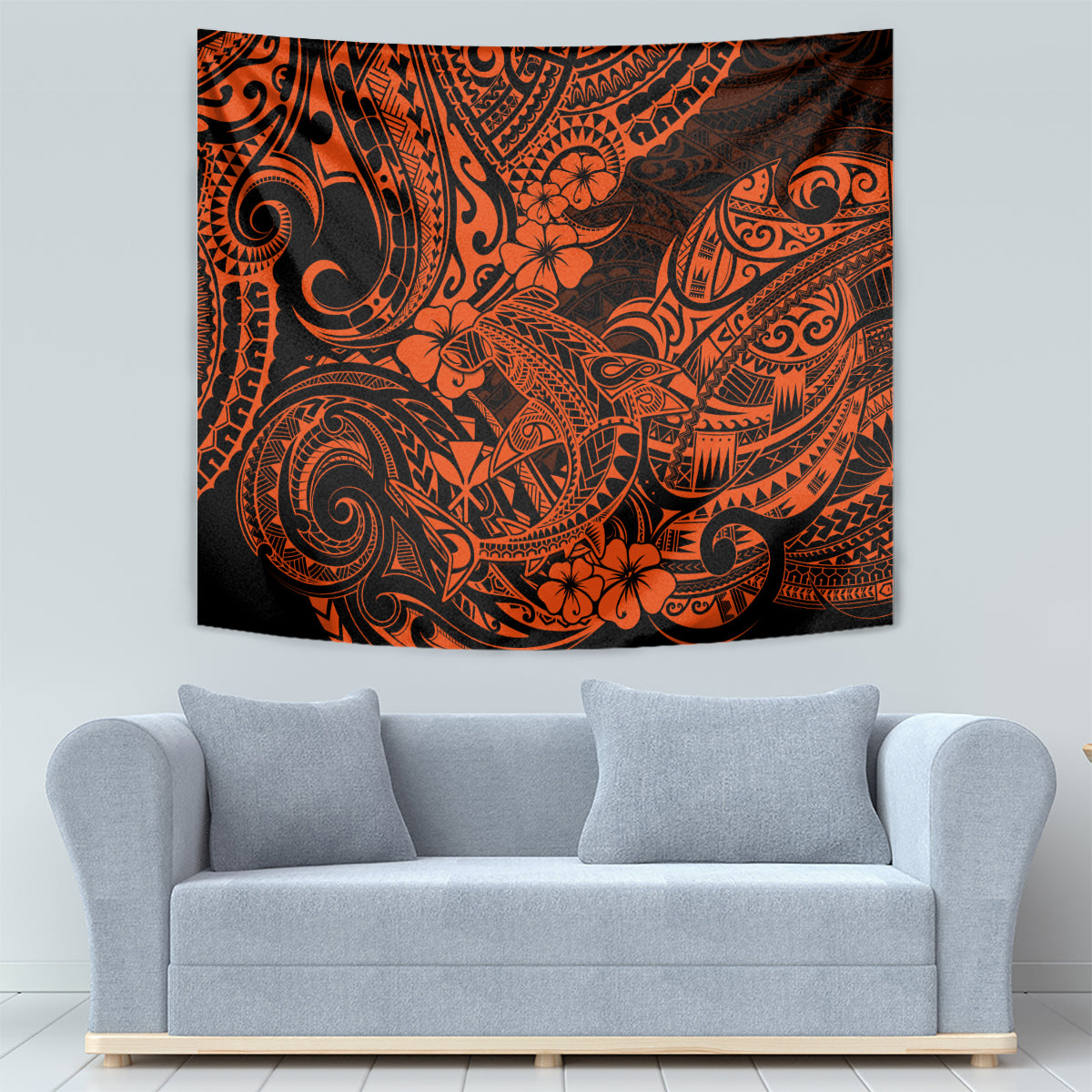 Orange and black tribal tapestry with ornate curves and central decorative flowers