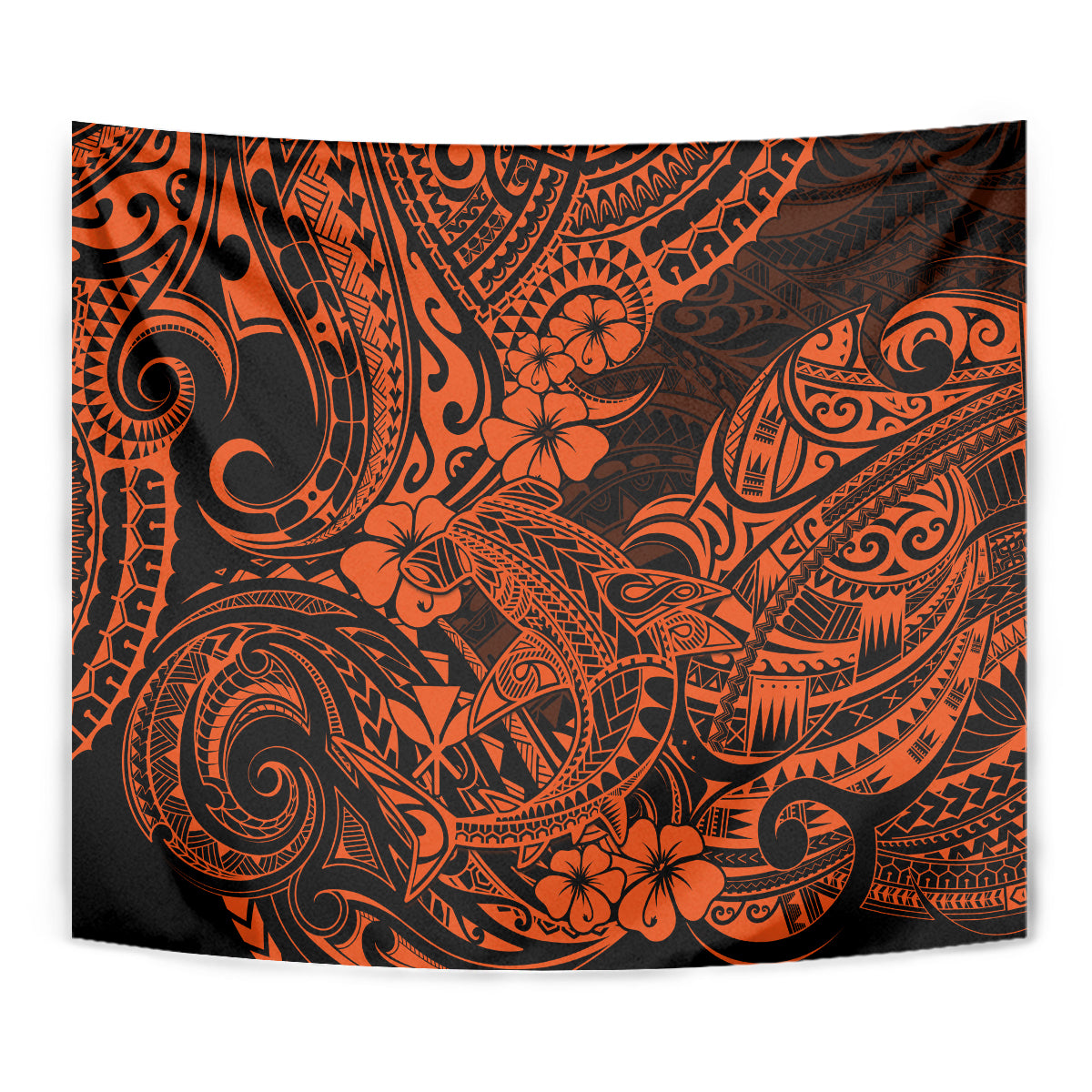 Orange and black tapestry close-up with swirling tribal shapes and floral center