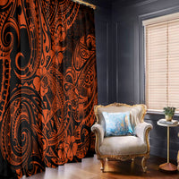 Orange and black Polynesian pattern window curtain with top header and hanging loops