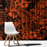 Orange and black Polynesian pattern curtain fabric close-up with bold floral and swirl motifs