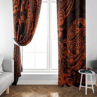 Orange and black Polynesian pattern window curtains with pleated drape on both sides