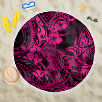 Pink Polynesian shark beach blanket with circular shape and fringed edge