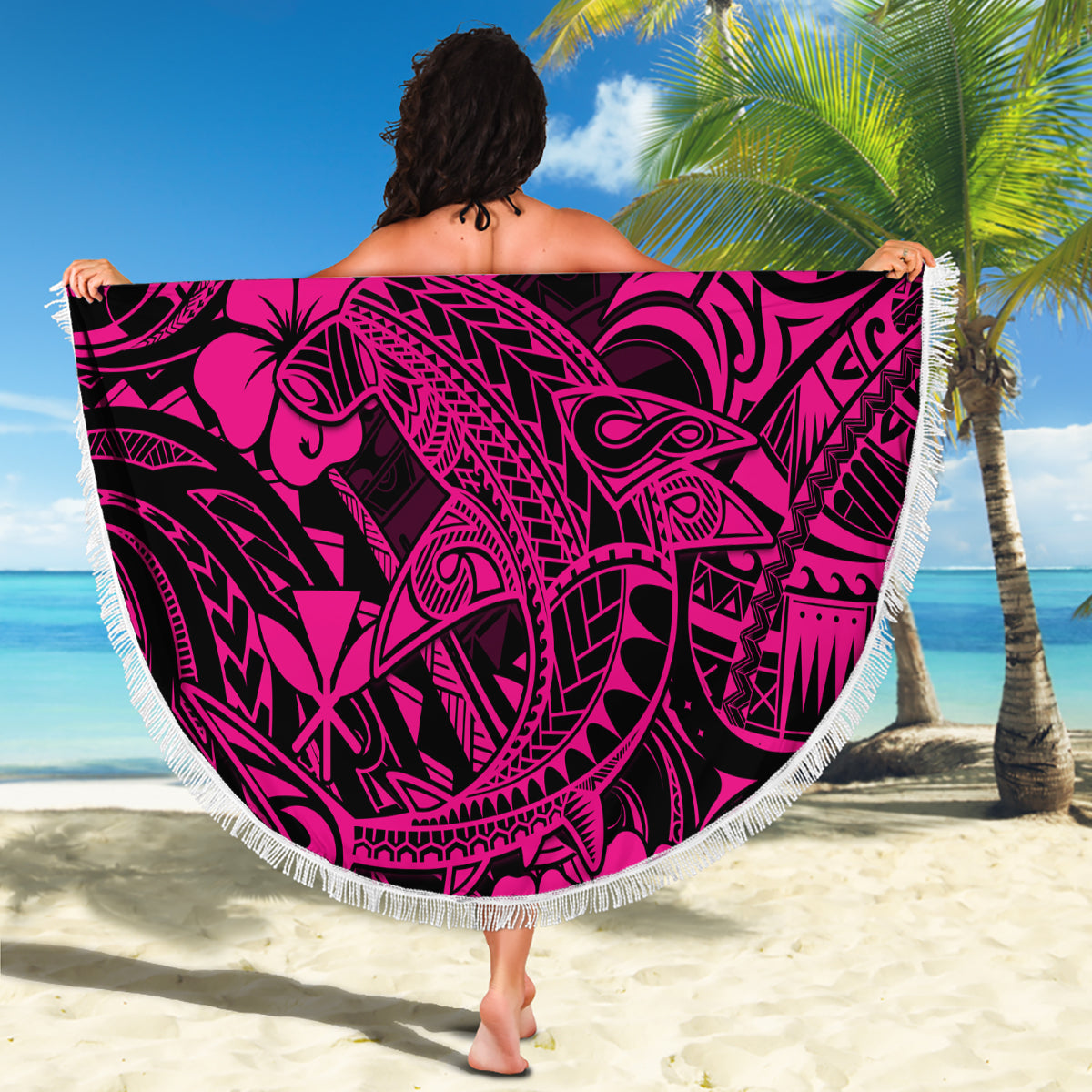 Pink Polynesian shark beach blanket, round design with white fringe trim
