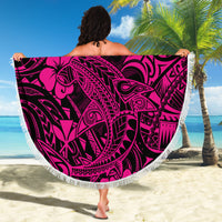Pink Polynesian shark beach blanket, round design with white fringe trim