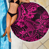 Pink and black Polynesian shark beach blanket with white fringed border