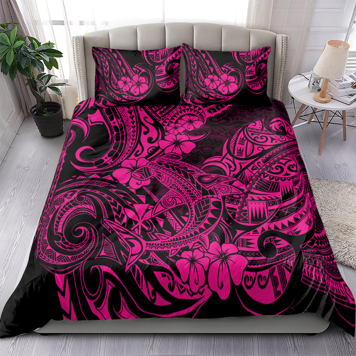 Pink and black Polynesian shark bedding set with matching pillowcases and tropical print
