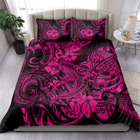 Pink and black Polynesian shark bedding set with matching pillowcases and tropical print