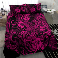 Pink and black Polynesian shark bedding set comforter featuring ornate tropical motifs