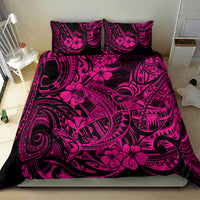 Pink and black Polynesian shark bedding set with decorative tropical pattern and pillow