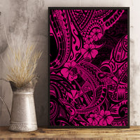 Pink Polynesian shark canvas wall art with flowers and tribal motifs, vertical unframed
