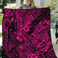 Pink and black Polynesian shark pattern quilt blanket, close view