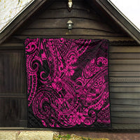 Pink and black Polynesian shark pattern quilt blanket hanging indoors