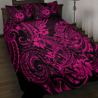 Pink and black Polynesian shark motif quilt set with two pillowcases, close bed view