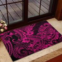 Pink rubber doormat with black Polynesian shark motif and ornate tribal designs