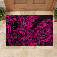 Rectangular pink and black Polynesian pattern rubber doormat with floral accents