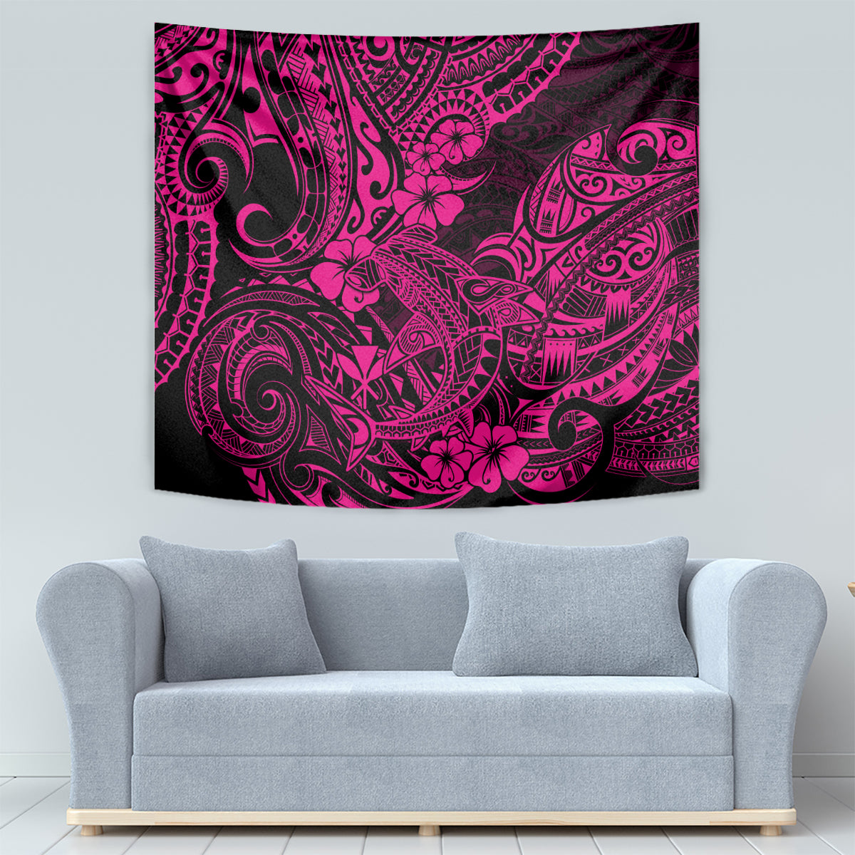 Square tapestry with pink floral and swirl motifs on a dark background