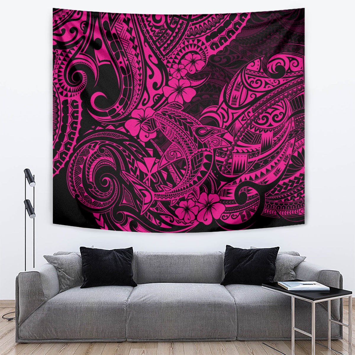 Pink and dark Polynesian tapestry with ornate wave curls and flower accents