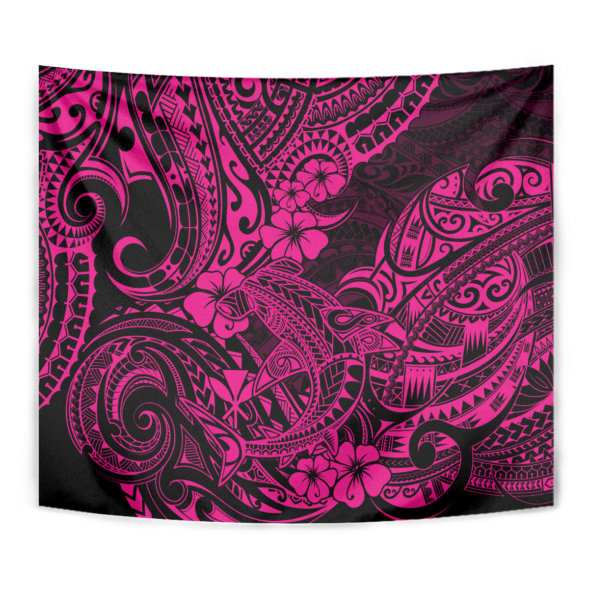 Close view of pink and dark Polynesian pattern tapestry with floral and swirl details
