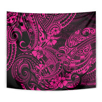 Close view of pink and dark Polynesian pattern tapestry with floral and swirl details