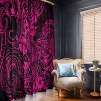 Pink and dark patterned window curtain panels with ornate Polynesian-style design