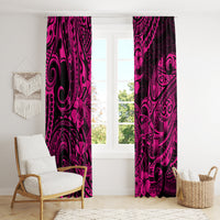 Pink and dark printed window curtain panels framing two tall windows