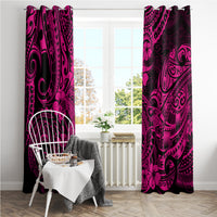 Pink and dark Polynesian-style curtain panels with top grommets and bold motifs