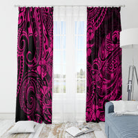 Pink and dark printed window curtains with ornate design, centered on a curtain rod