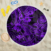 Purple round beach blanket with Polynesian shark pattern and white fringe border