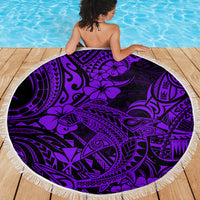 Purple round beach blanket with Polynesian shark pattern and white fringe edge