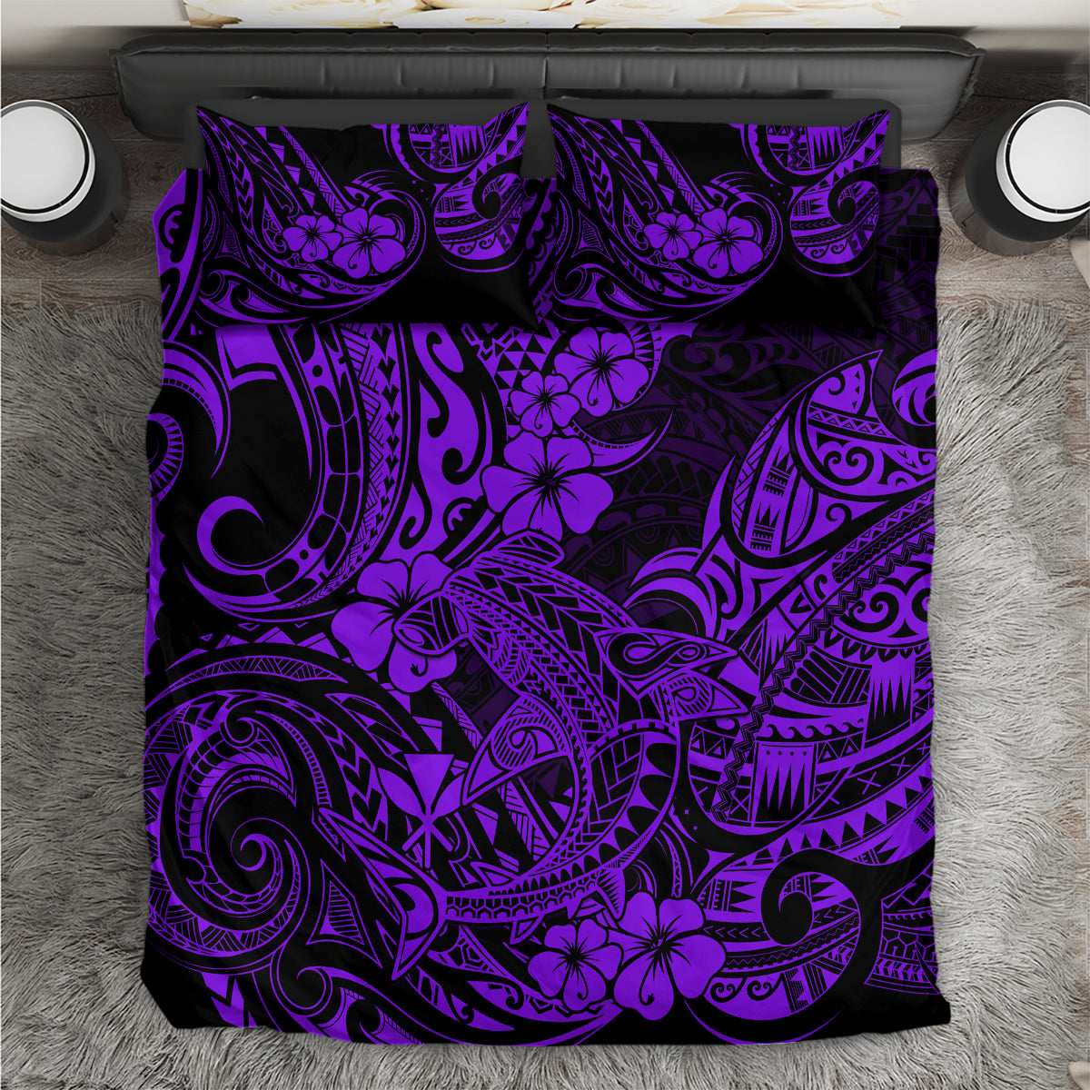 Purple Polynesian shark bedding sheet with black and violet tribal pattern
