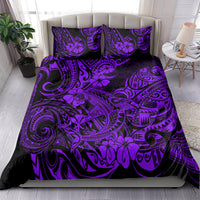 Purple Polynesian shark bedding set on bed, black and violet tribal print