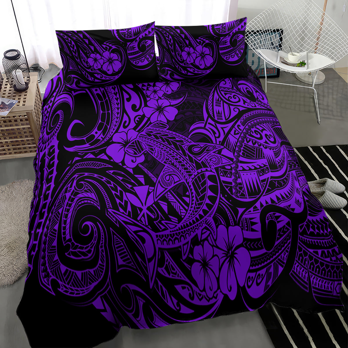Purple Polynesian shark comforter set with black and violet ornamental tribal design