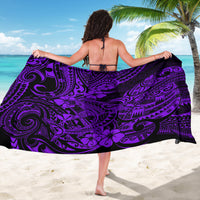 Purple shark-pattern sarong with bold tribal swirls, wrapped and tied at the waist