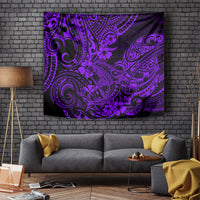 Purple Polynesian pattern tapestry with swirling tribal design, hanging on wall