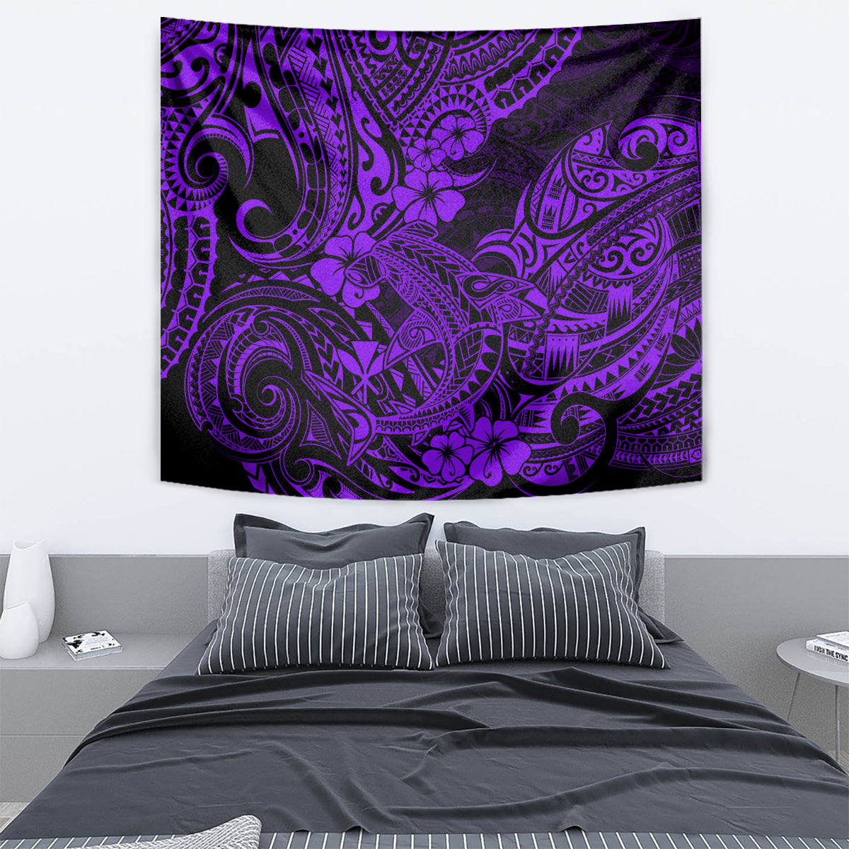 Purple Polynesian pattern tapestry with swirling tribal design, mounted above bed