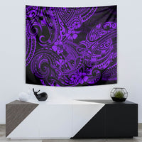 Purple Polynesian pattern tapestry with swirling tribal design, displayed on wall