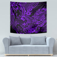 Purple Polynesian pattern tapestry with swirling tribal design, hung behind sofa