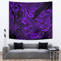 Purple Polynesian pattern tapestry with swirling tribal design, mounted on living-room wall