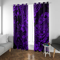 Purple tribal-pattern window curtains with ornate motifs on both panels