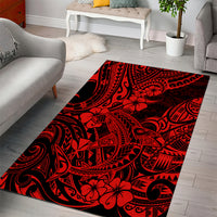 Red shark-themed area rug with black swirling tribal designs and flower accents
